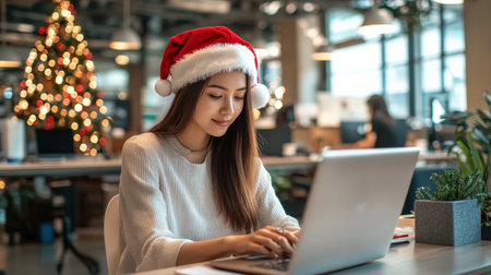 A close-up of A Asia businesswoman wearing a Santa hat while working on her laptop in a festively decorated officeの素材
