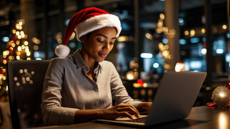 A close-up of A black businessman wearing a Santa hat while working on her laptop in a festively decorated officeの素材