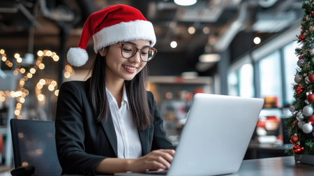 A close-up of A Asia businesswoman wearing a Santa hat while working on her laptop in a festively decorated officeの素材