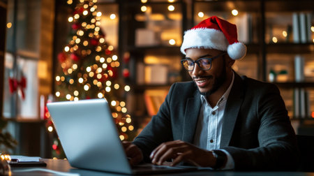 A close-up of A black businessman wearing a Santa hat while working on her laptop in a festively decorated officeの素材