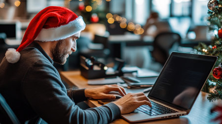 A close-up of A businessman wearing a Santa hat while working on her laptop in a festively decorated officeの素材