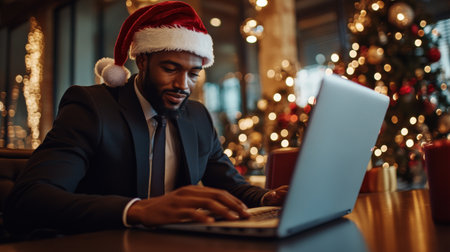 A close-up of A black businessman wearing a Santa hat while working on her laptop in a festively decorated officeの素材