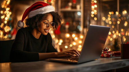 A close-up of A black businesswoman wearing a Santa hat while working on her laptop in a festively decorated officeの素材