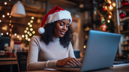 A close-up of A black businesswoman wearing a Santa hat while working on her laptop in a festively decorated officeの素材