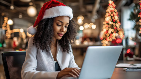 A close-up of A black businesswoman wearing a Santa hat while working on her laptop in a festively decorated officeの素材