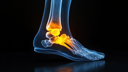 An X-ray of a foot with the ankle highlighted in yellowの素材