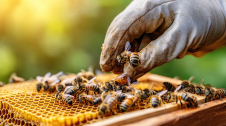 A close-up of a beekeeper extracting honey from a hive, ensuring the production of high-quality organic honeyの素材