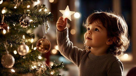 A child placing a star on top of a Christmas tree, with soft lights and ornaments sparkling all aroundの素材