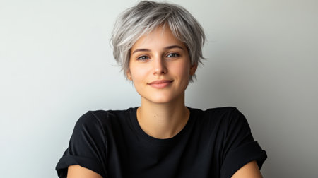 Close up of beautiful woman with white skin, grey short hair, wavy hair and a clear black t shirt, isolated in a light white studio. Portrait person.の素材