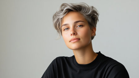 Close up of beautiful woman with white skin, grey short hair, wavy hair and a clear black t shirt, isolated in a light white studio. Portrait person.の素材