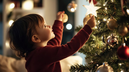 A child Wear a red shirt placing a star on top of a Christmas tree, with soft lights and ornaments sparkling all aroundの素材