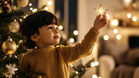 A child placing a star on top of a Christmas tree, with soft lights and ornaments sparkling all aroundの素材