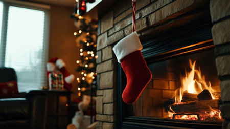 A Christmas stocking filled with small gifts, candy canes, and holiday treats hanging above the fireplaceの素材
