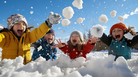 Children having a playful snowball fight in the backyard, their laughter ringing through the crisp airの素材