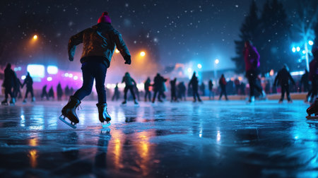 Ice skaters gliding across a frozen lake under twinkling lights, enjoying a magical winter eveningの素材