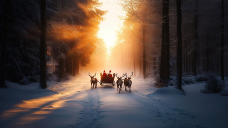 Reindeer pulling Santa's sleigh through a snowy forest on a crisp winter eveningの素材
