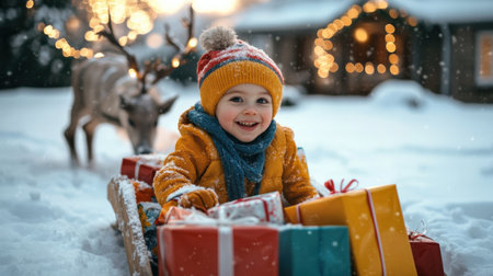 boy child and sled a reindeer The sleigh was filled with colorful wrapped gifts. A snowy Christmas Eve scene decoration lit up in the yard and a cozy home in the backgroundの素材