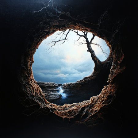 A painting of a tree in a hole with a river in the background. The painting has a mood of mystery and intrigueの素材