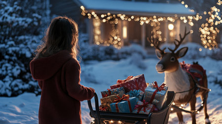 girl child and sled a reindeer The sleigh was filled with colorful wrapped gifts. A snowy Christmas Eve scene decoration lit up in the yard and a cozy home in the backgroundの素材