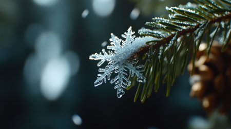 Close-up of snowflakes falling gently on a dark green fir branch, sparkling in the cold airの素材