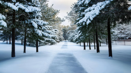 Evergreen trees covered in snow, creating a serene winter forest sceneの素材