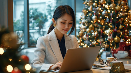 A close-up of A Asia Japan businesswoman while working on her laptop in a festively decorated officeの素材