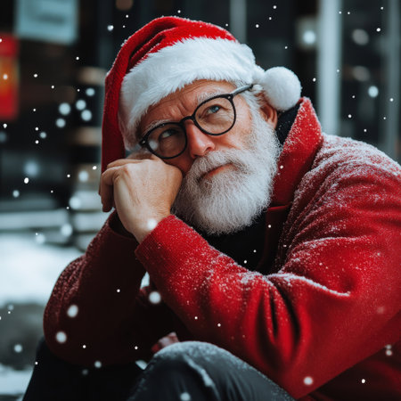 Santa Claus with a big smile, holding a bag full of toys as he gets ready to deliver presentsの素材
