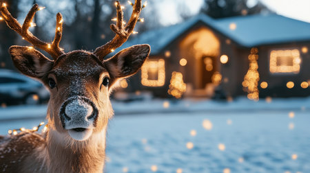 Close up a reindeer A snowy Christmas Eve scene, with a reindeer decoration lit up in the yard and a cozy home in the backgroundの素材