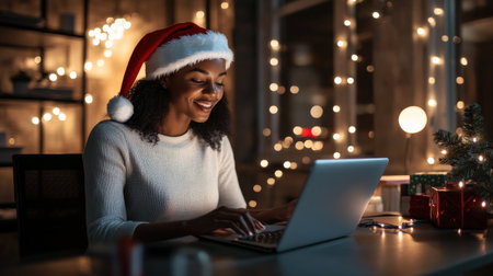 A close-up of A black businesswoman wearing a Santa hat while working on her laptop in a festively decorated officeの素材