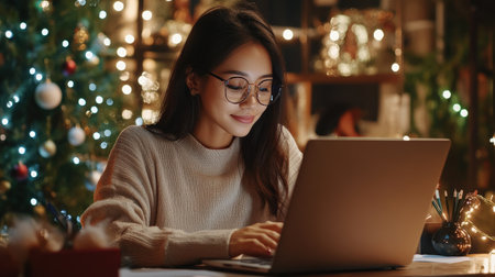 A close-up of A Asia businesswoman while working on her laptop in a festively decorated officeの素材