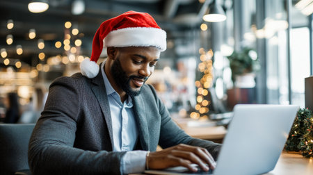A close-up of A black businessman wearing a Santa hat while working on her laptop in a festively decorated office --ar 16:9 --personalize jaydbm9 --v 6.1 Job ID: 232edd5a-4277-4440-b048-15fc4696ebb8の素材