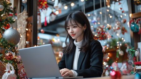 A close-up of A Asia Japan businesswoman while working on her laptop in a festively decorated officeの素材