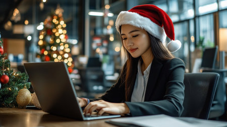 A close-up of A Asia businesswoman wearing a Santa hat while working on her laptop in a festively decorated officeの素材