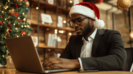 A close-up of A black businessman wearing a Santa hat while working on her laptop in a festively decorated officeの素材