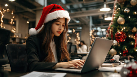 A close-up of A Asia businesswoman wearing a Santa hat while working on her laptop in a festively decorated officeの素材