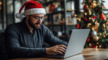 A close-up of A businessman wearing a Santa hat while working on her laptop in a festively decorated officeの素材