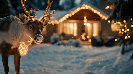 Close up a reindeer A snowy Christmas Eve scene, with a reindeer decoration lit up in the yard and a cozy home in the backgroundの素材