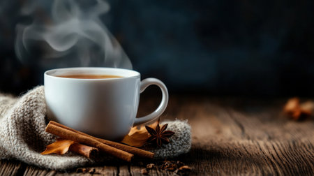 A steaming cup of hot cider with cinnamon sticks, perfect for warming up on a cold winter eveningの素材