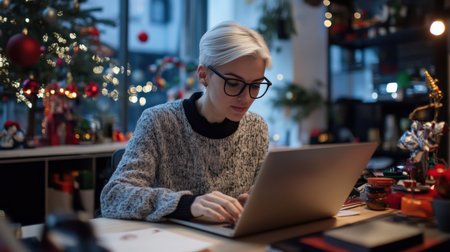 A close-up of A senior businesswoman white hair while working on her laptop in a festively decorated officeの素材