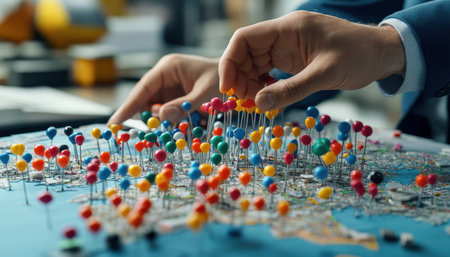 The image shows a colorful map with businessman team moving colorful pins around.の素材