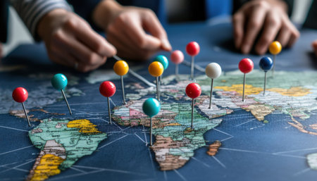 The image shows a colorful map with businessman team moving colorful pins around.の素材