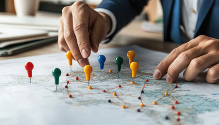 The image shows a colorful map with businessman team moving colorful pins around.の素材
