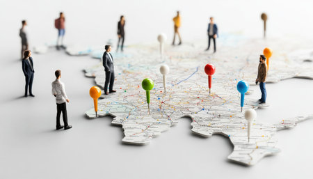 The image shows a colorful map with businessman team moving colorful pins around.の素材