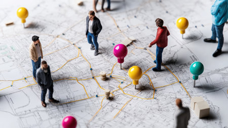 The image shows a colorful map with businessman team moving colorful pins around.の素材