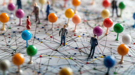 The image shows a colorful map with businessman team moving colorful pins around.の素材