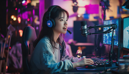 A streamer woman sitting at their gaming setup, surrounded by colorful LED lights, speaking into a high-quality microphoneの素材