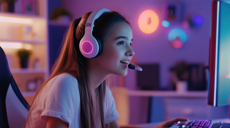 A streamer woman sitting at their gaming setup, surrounded by colorful LED lights, speaking into a high-quality microphoneの素材