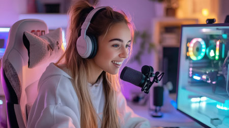 A streamer woman sitting at their gaming setup, surrounded by colorful LED lights, speaking into a high-quality microphoneの素材