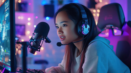 A streamer woman sitting at their gaming setup, surrounded by colorful LED lights, speaking into a high-quality microphoneの素材