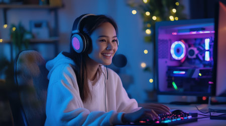 A streamer woman sitting at their gaming setup, surrounded by colorful LED lights, speaking into a high-quality microphoneの素材